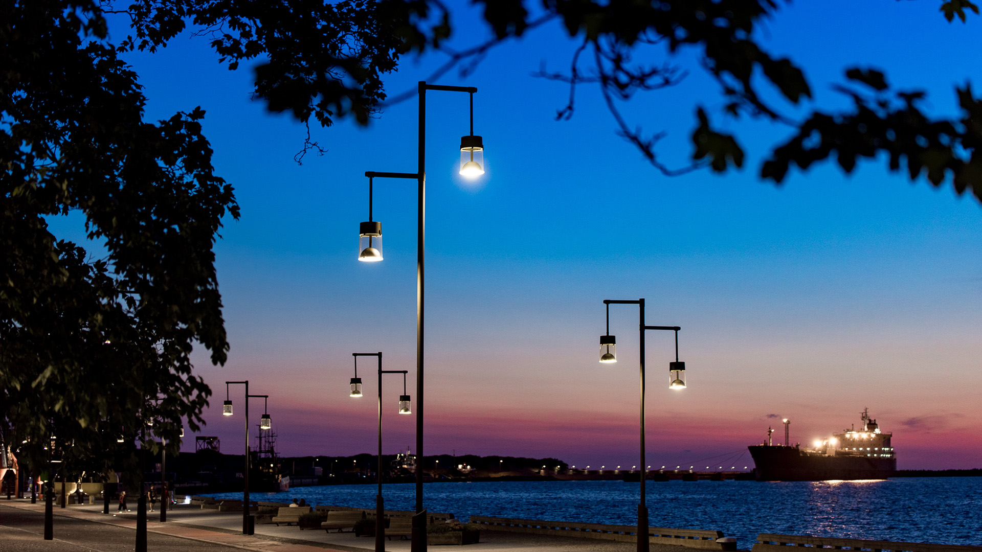 The lampposts of Chara System illuminate the new Promenade of Ostas Street in Ventspils